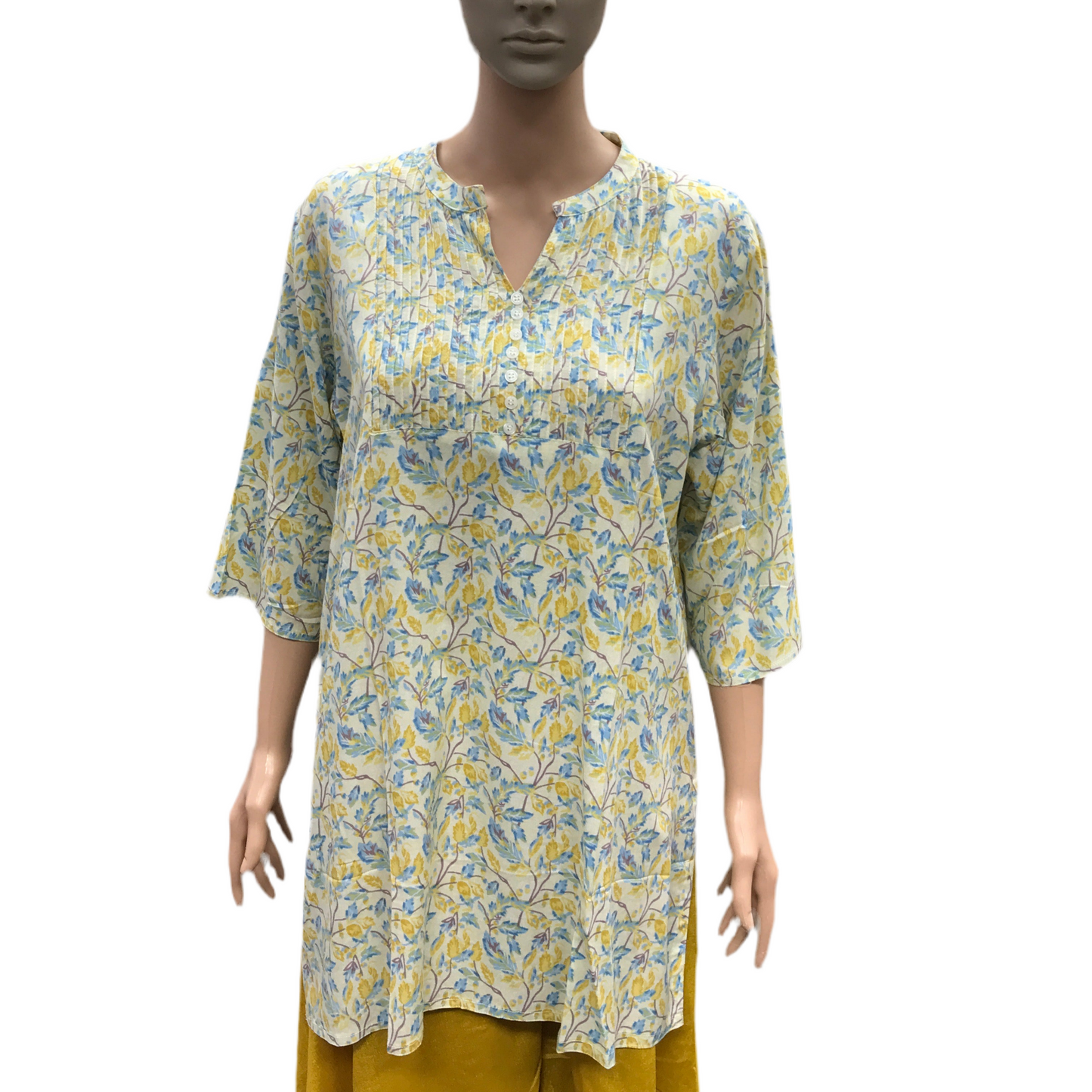 white and blue floral printed cotton tunic
